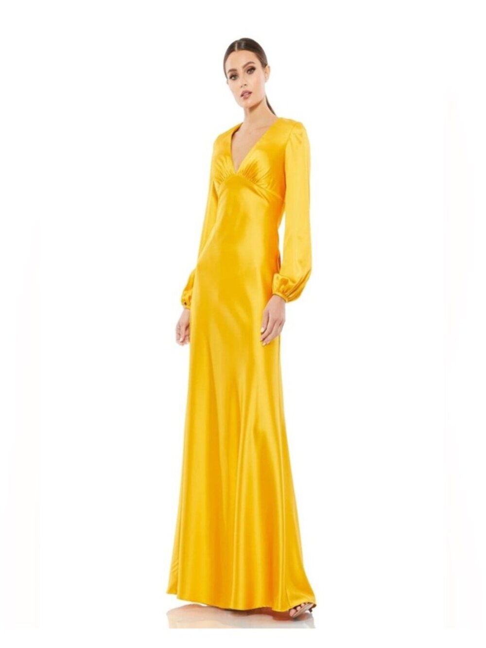Ieena for Mac Duggal Charmeuse Empire Waist Blouson Sleeve Gown 55693 Marigold 8